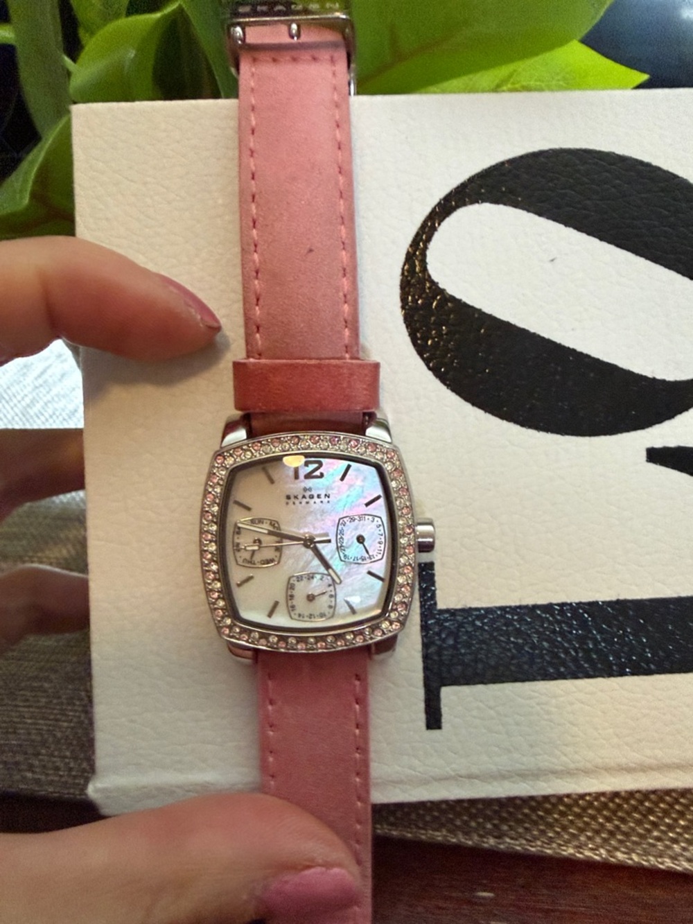 Skagen Pink Leather Crystal-Embellished Square Watch